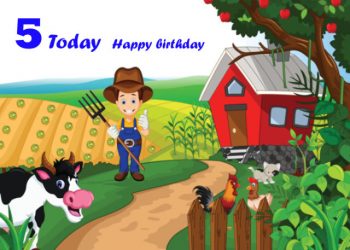 Farmer with animals 5th birthday card