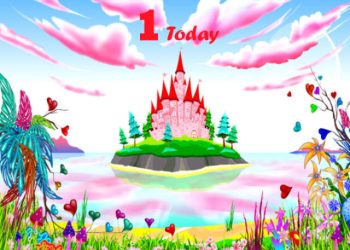 Fantasy castle on island birthday card - 1 Today