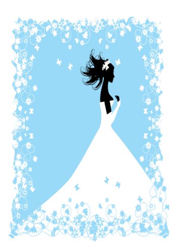 Bride silhouette with blue and white background wedding card