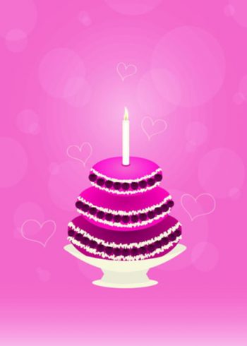 Pink cake with candle and pink background birthday card