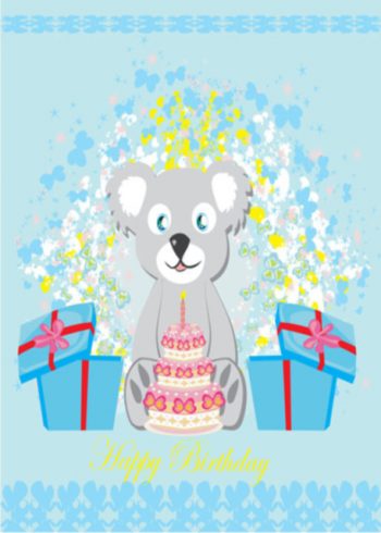 Happy birthday with teddy, cake and presents birthday card