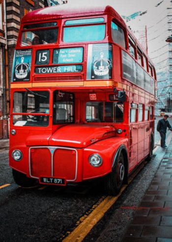 Vintage red London bus birthday card