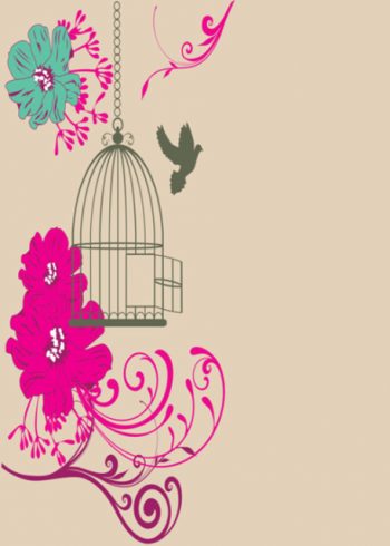 Bird cage with pink flowers and beige background birthday card