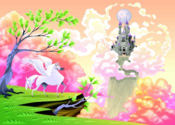 Colourful landscape and fantasy castle birthday card