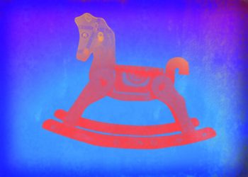 Rocking horse with purple blue background birthday card