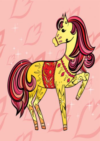 Colourful horse with pink background birthday card
