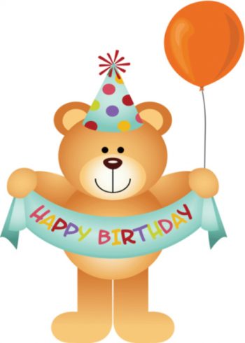 Teddy holding happy birthday banner and balloon birthday card