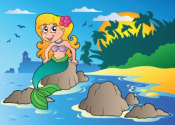 Happy mermaid sitting on rock birthday card