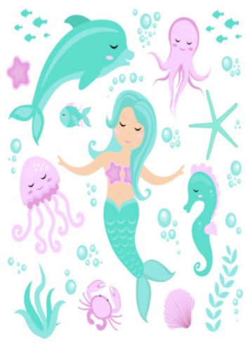 Little mermaid with sea creatures birthday card