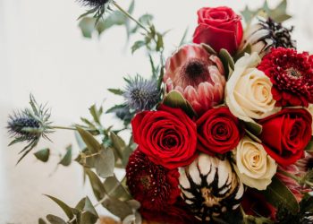 Bouquet of flowers with red roses birthday card