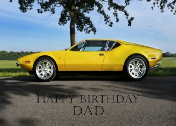 Yellow De Tomaso car Dad birthday card