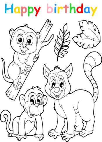 Colouring in birthday card with monkeys and raccoon
