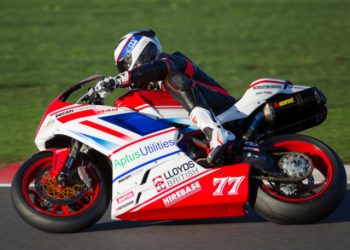 Red, white and blue racing motorbike birthday card