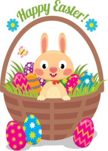 Easter bunny in basket of eggs card