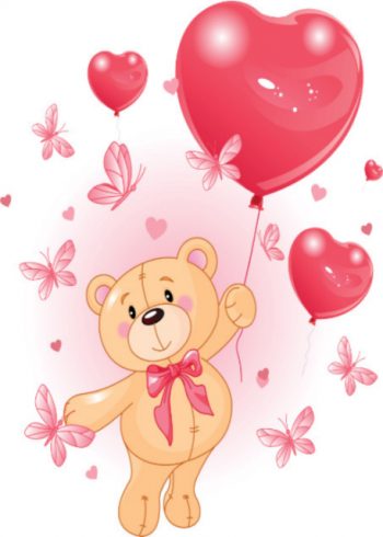 Teddy bear holding red love heart balloon valentine card