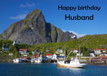 Fishing boats moored off coast in Norway Husband birthday card